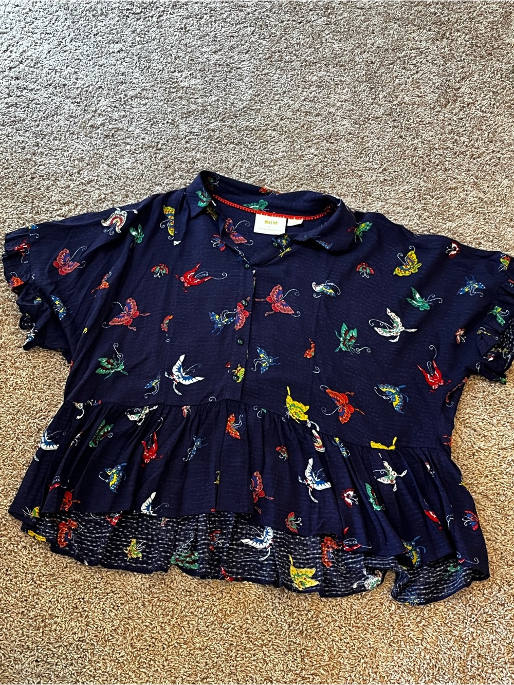 Anthropologie Navy Short-Sleeve Butterfly Print Peplum Top